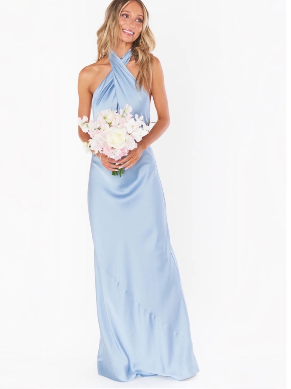 Show Me Your Mumu Jasmine Halter Maxi Dress Women XL Steel Blue Luxe Satin Lined